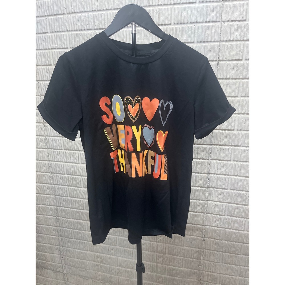 So Very Thankful Black Graphic T-Shirt Hearts Small Short Sleeve Crew Neck Tee